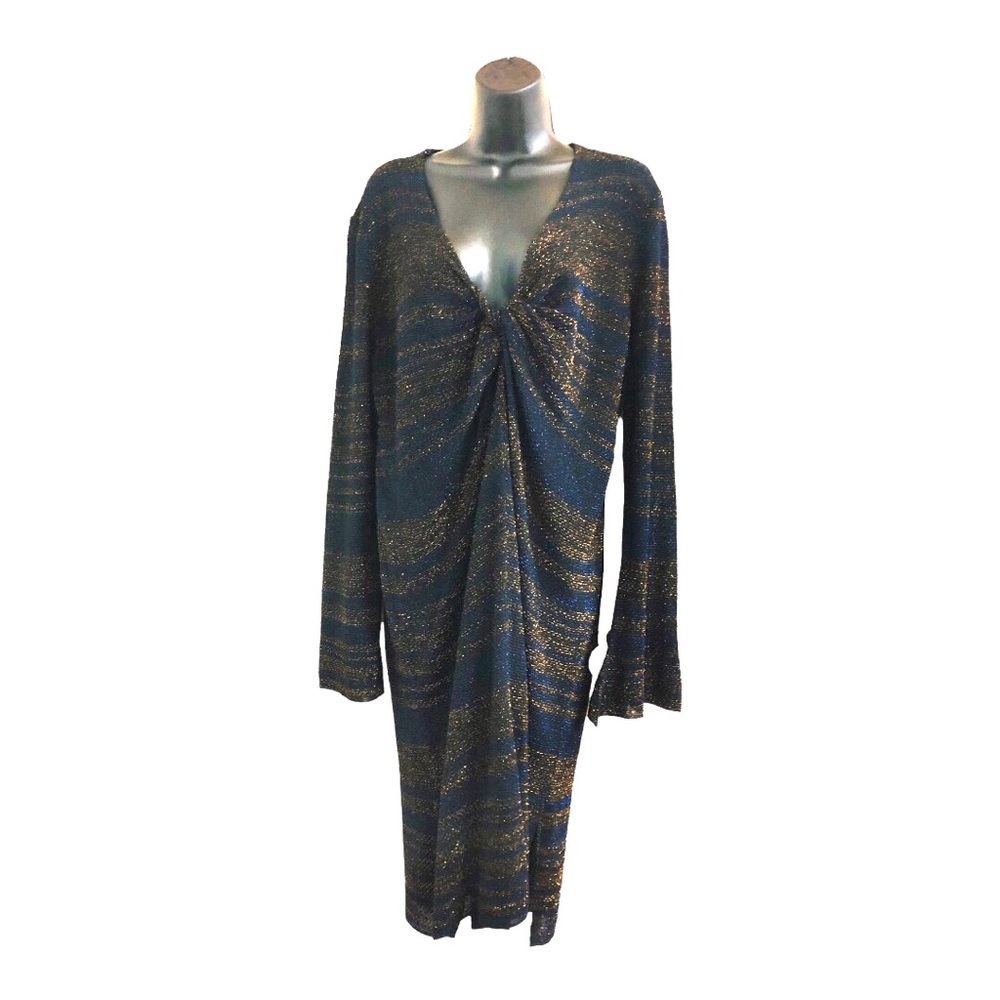 Zara dark blue gold metallic shimmer caftan tunic look twist front dress size M